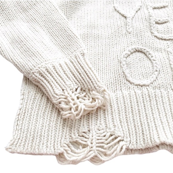 WILDFOX Chunky Knit Distressed “Sure Yeah Ok” Graphic Oversized Sweater Cream - Picture 6 of 16